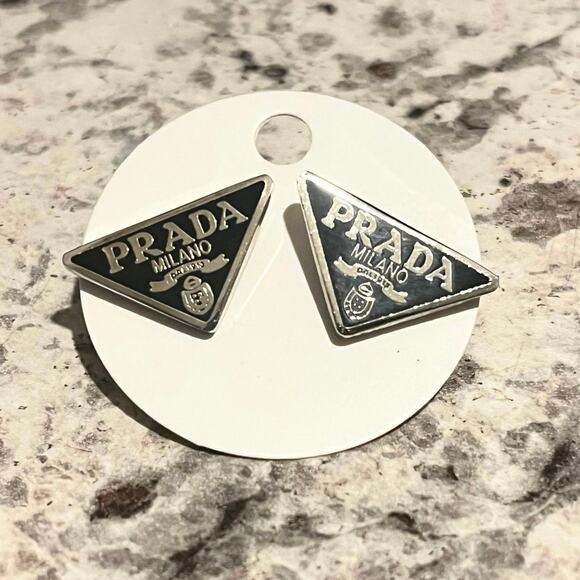 PRADA Triangle Logo Stud Earrings – Pierced, Stamped- Black/Silver - Picture 1 of 5